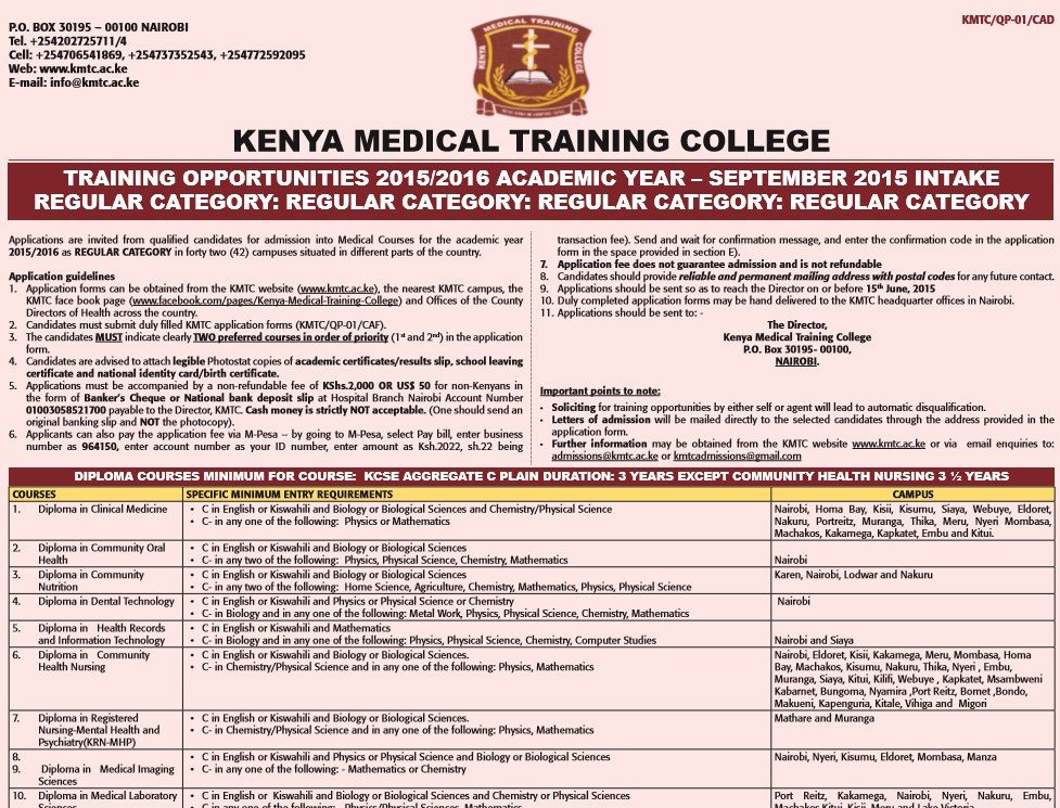 Kenya Medical Training College Admissions (KMTC)