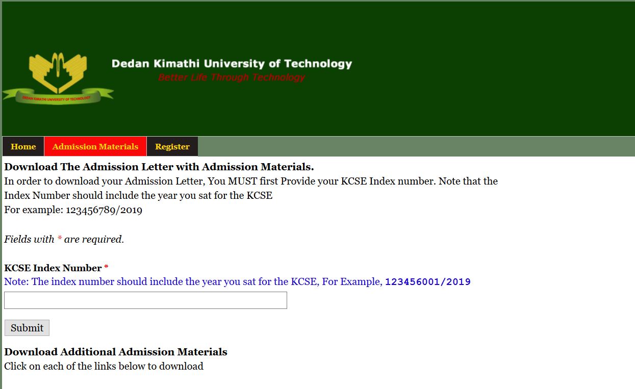Dedan Kimathi University admission letters for kuccps