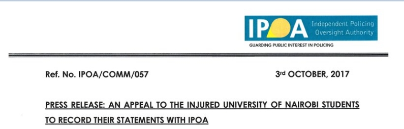 IPOA Requests University of Nairobi Police Brutality Victims to Record Statements