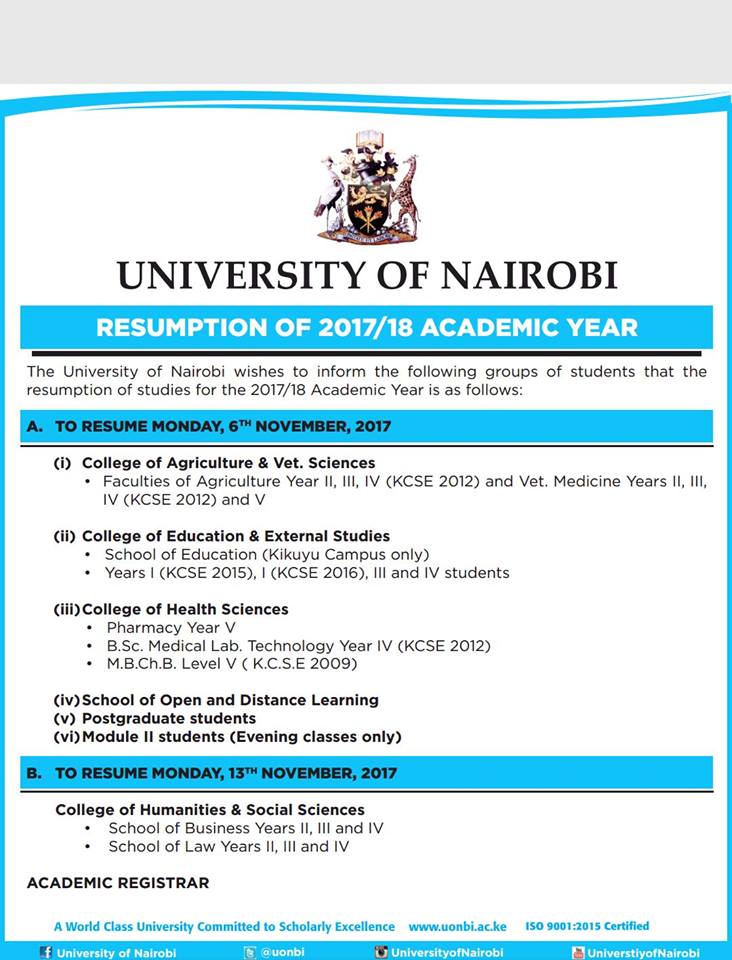 University Of Nairobi Releases New Re Opening Dates November