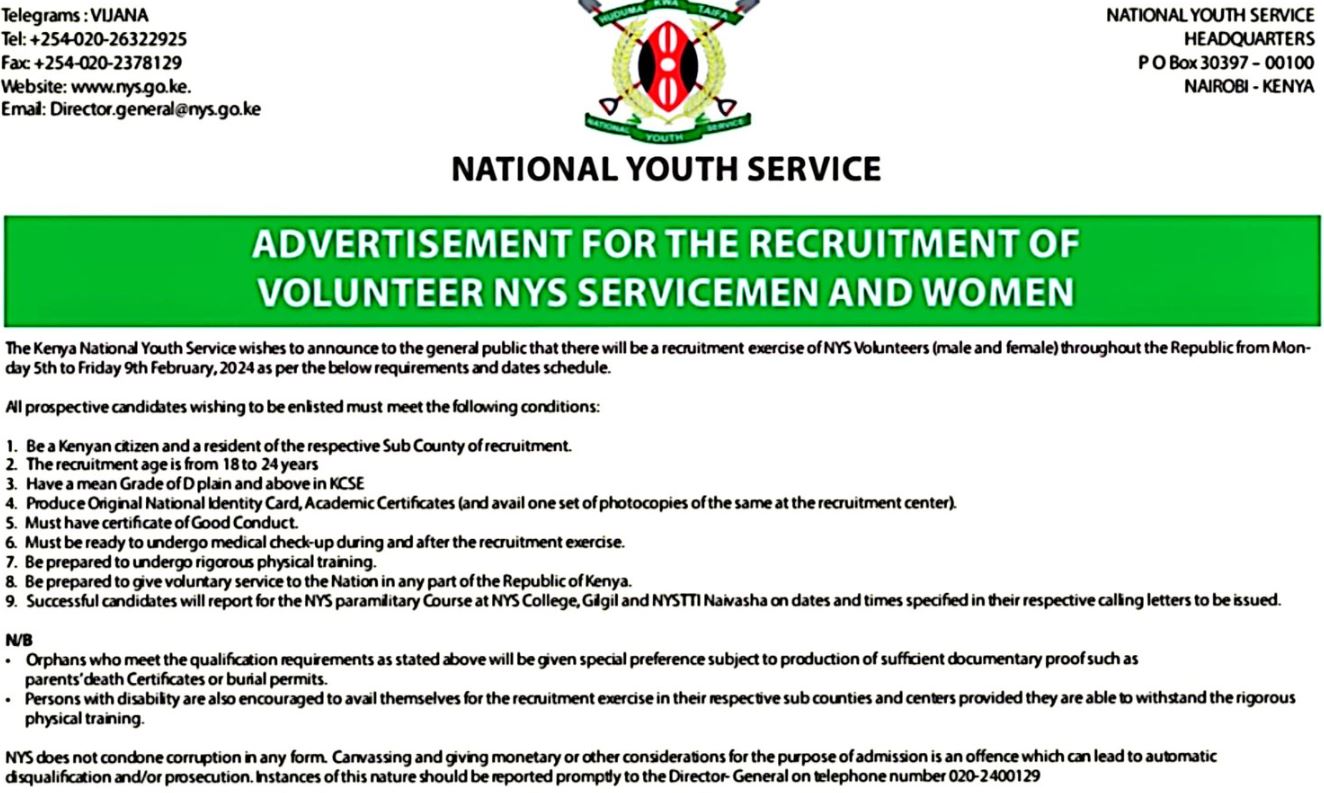 NYS Recruitment 2024 (New Dates and Centres) Kenyayote