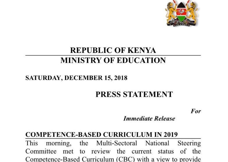 Education CS Amina Mohamed Statement on the on postponement of competency based curriculum (CBC) implementation to 2020