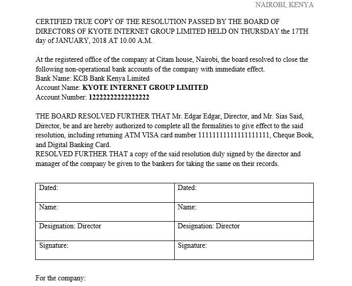 How to write Bank account closure letter and Sample Directors Resolution