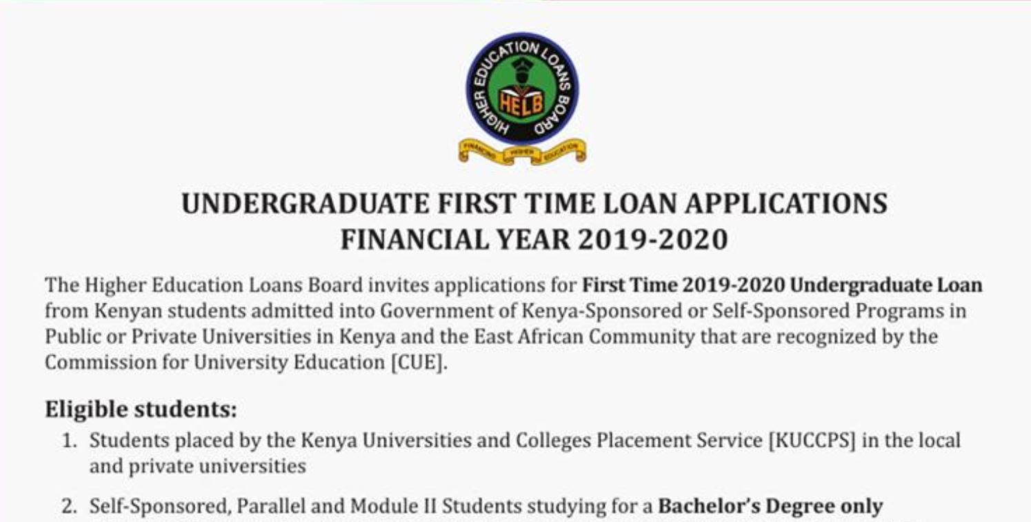 First Time undergraduate HELB Loan application for KUCCPS 2019 students