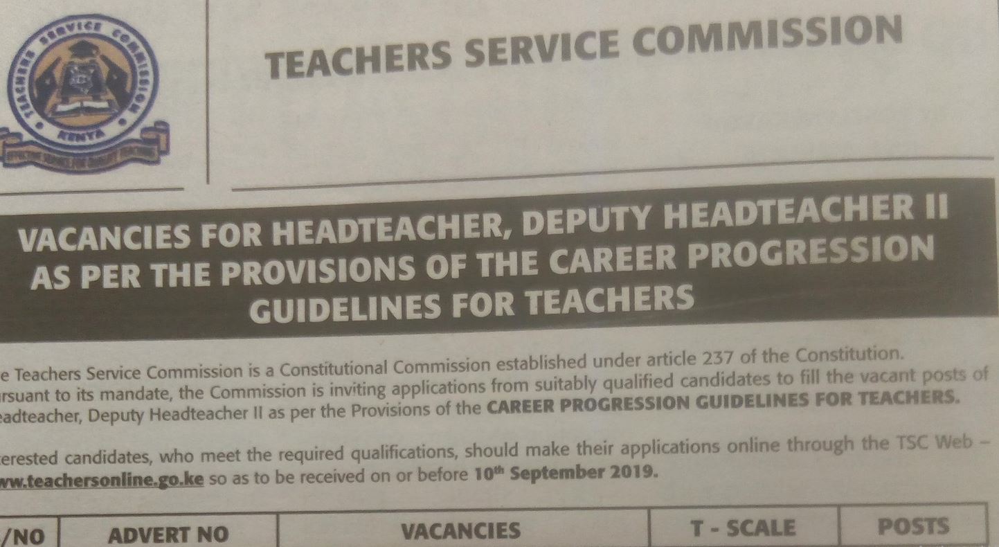 TSC jobs for Deputy and Head Teachers in Career Progression Guideline