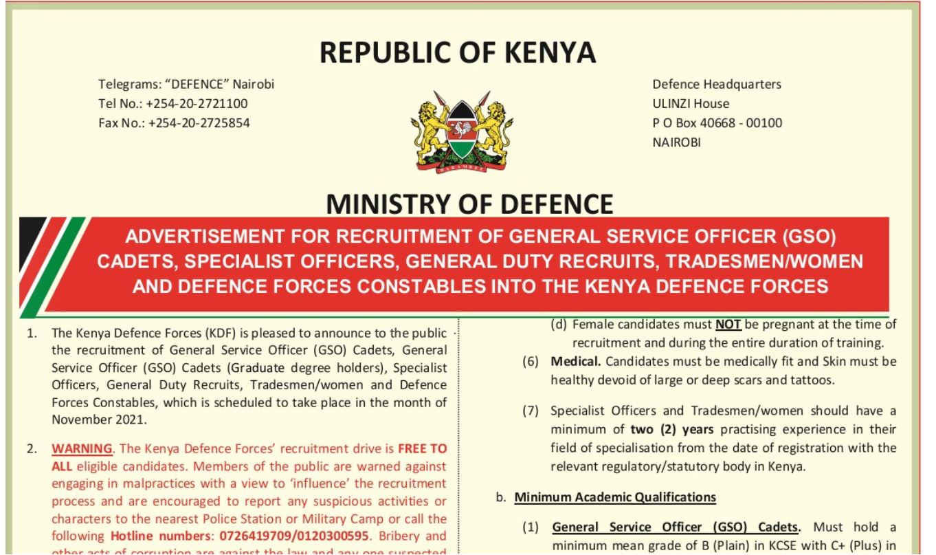 KDF Tradesmen Recruitment: How to apply to join Kenya Defence Forces