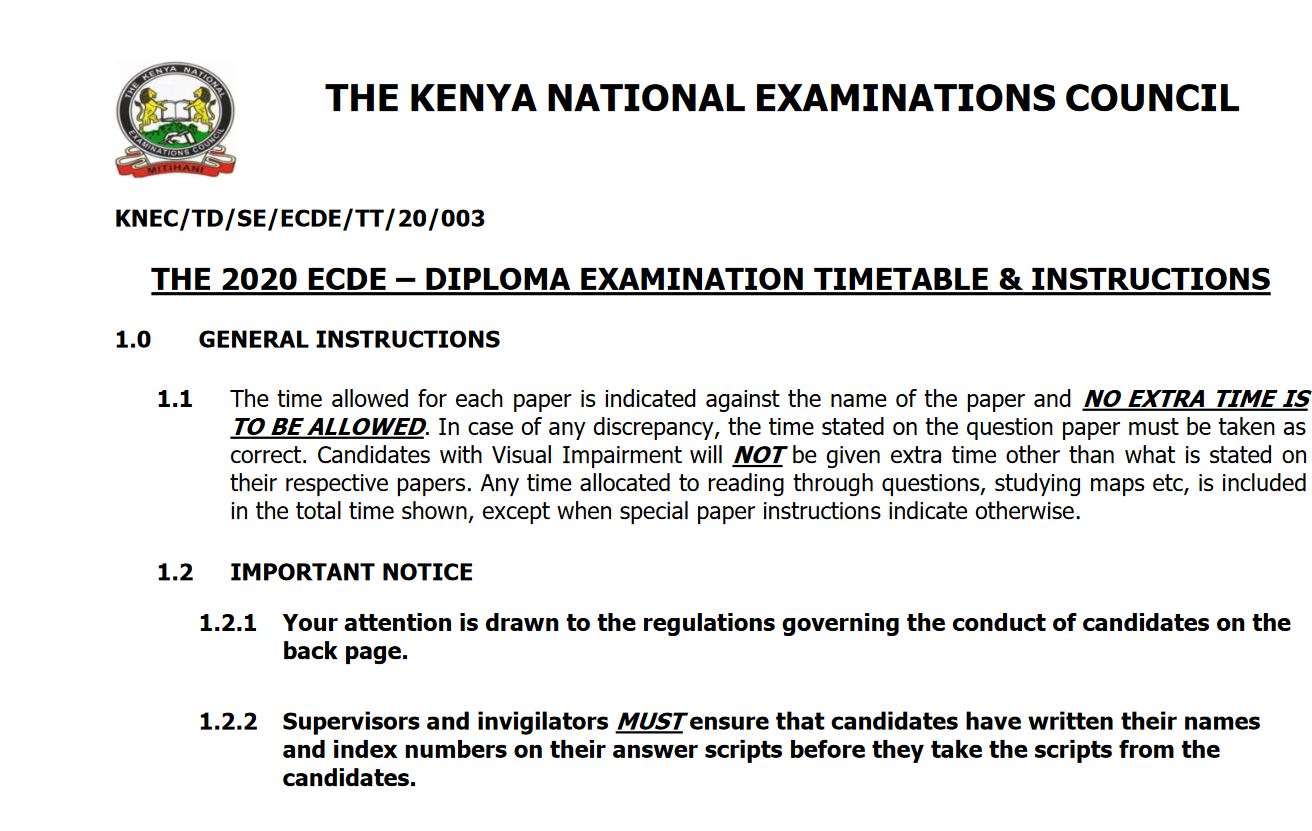 ECDE KNEC Timetable 2020 for Diploma Examinations