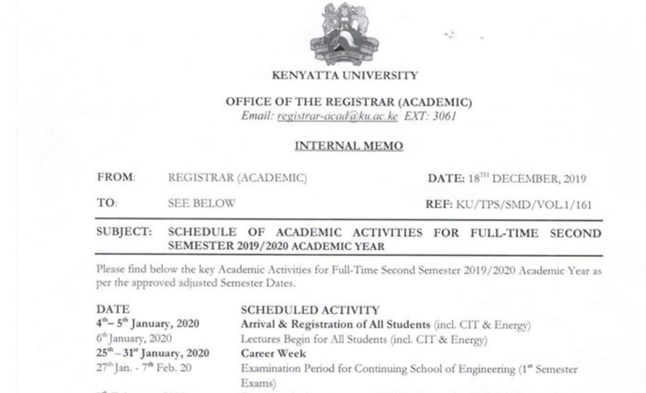 Kenyatta University Academic Year 2019, 2020 Calendar and Timetable