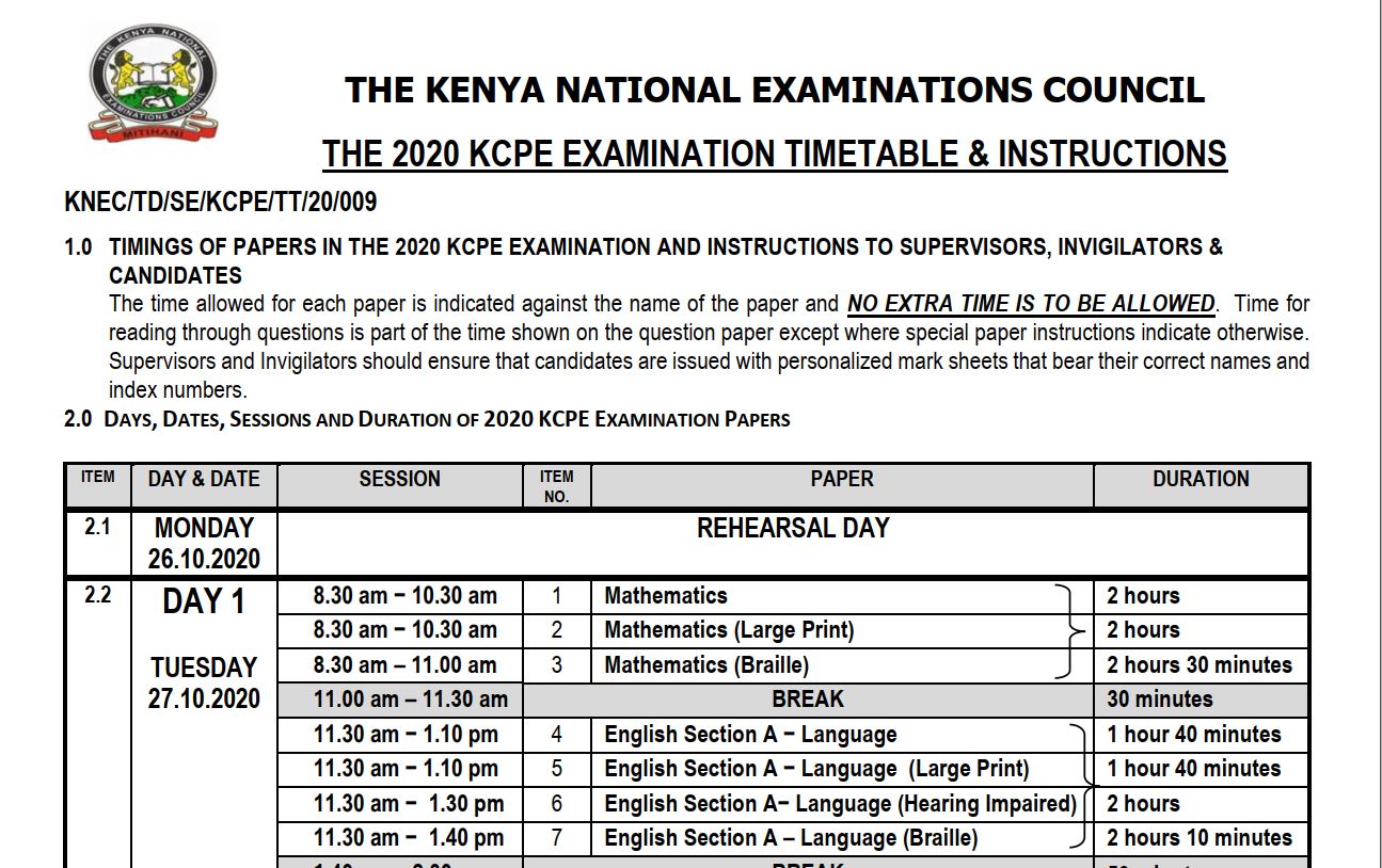 KNEC KCPE 2024 Timetable pdf: Subjects Start and End Day