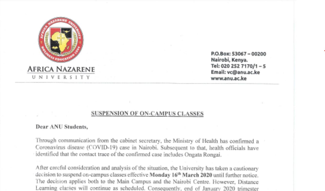 Africa Nazarene University Suspends Classes over Coronavirus fears