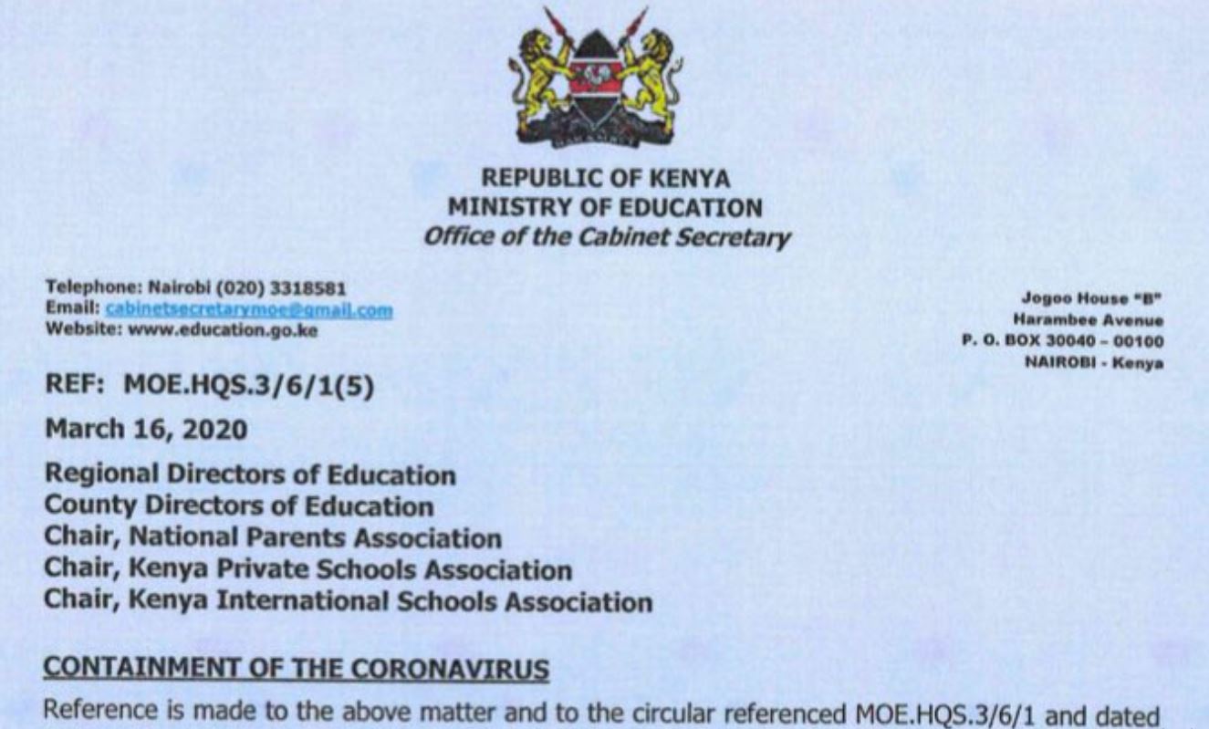 Ministry of education guidelines of transporting students after schools were closed over coronavirus