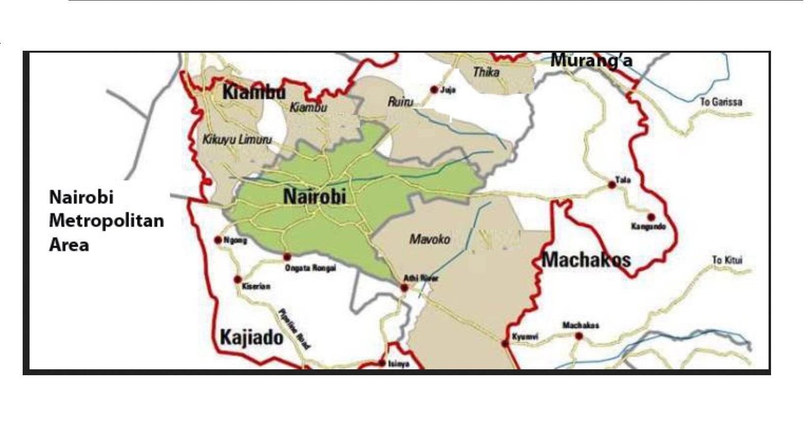 Nairobi Metropolitan Area, List of Counties, Regions, Towns that fall that territory are inside the red mark