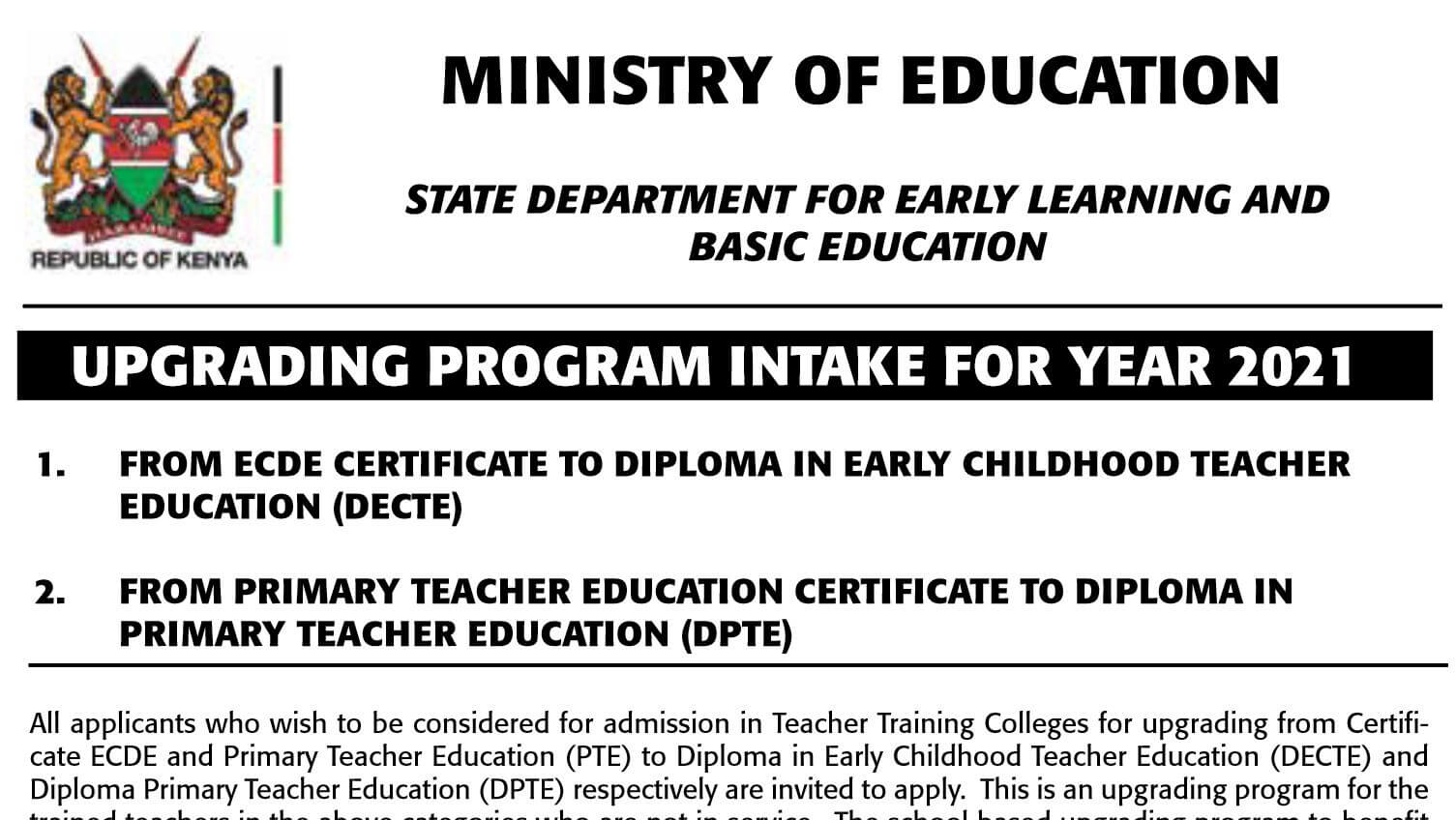 Ministry of education upgrading program now open for application