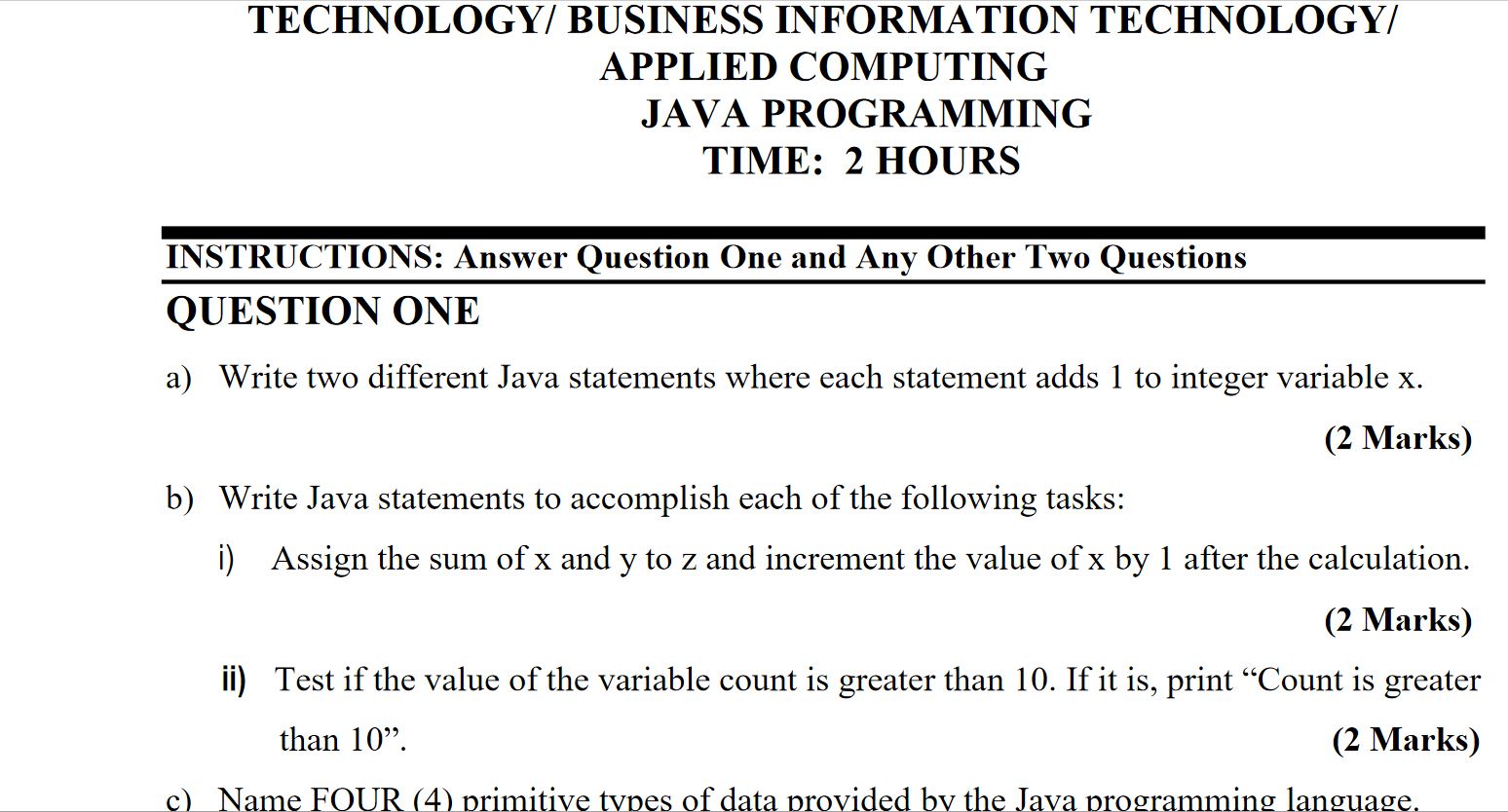 java programming revision past paper questions and answers