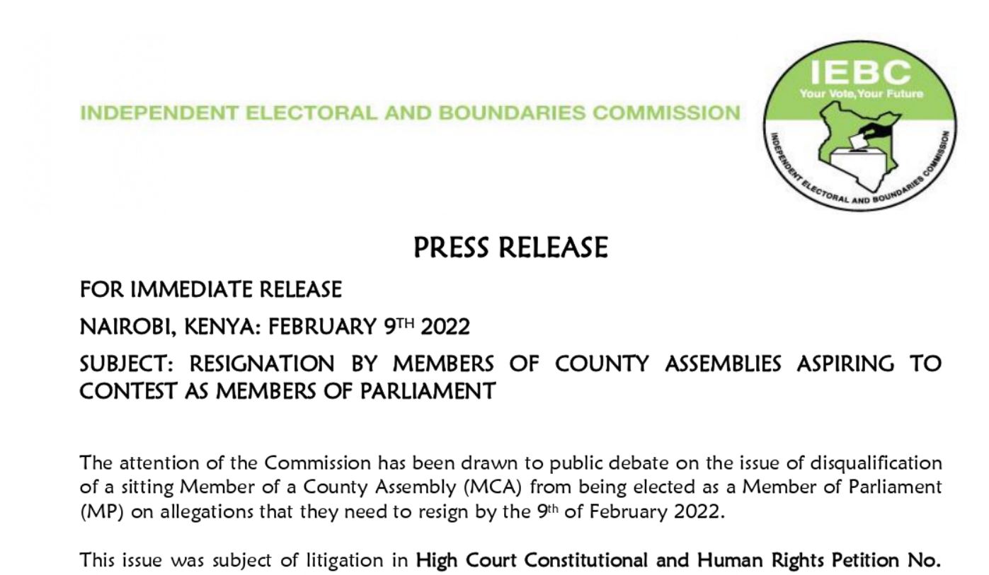 IEBC statement on resignation of MCA seeking to be MPs