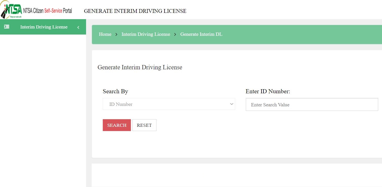 NTSA Interim driving license generate portal
