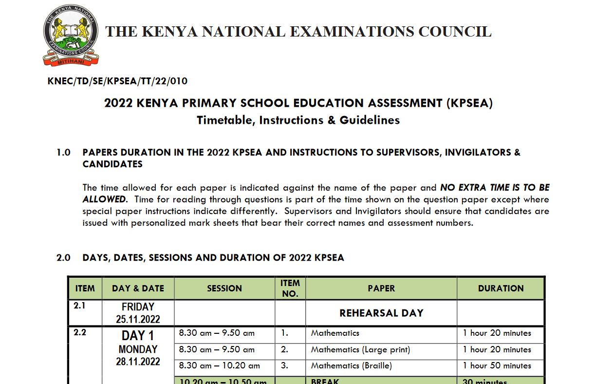 KNEC KPSEA 2024 Timetable pdf Subjects Start and End Day Kenyayote