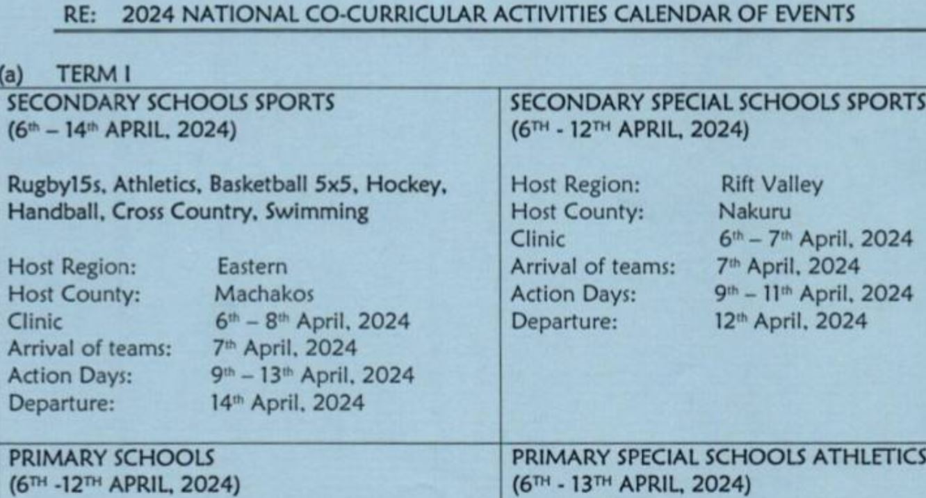 2024 CoCurricular Activities Calendar for Secondary and Primary